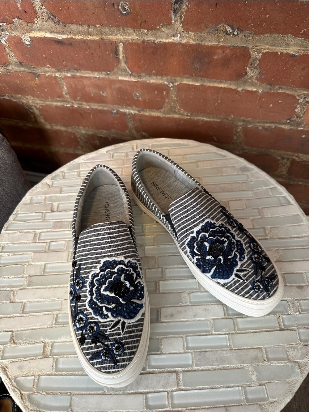 Nine West Navy and White Striped Floral Embroidered Slip-On Moccasins